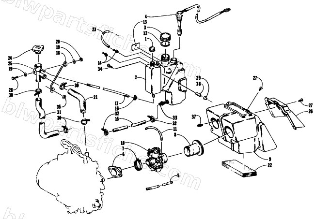 OIL/WATER TANK, CARBURETOR, AND SILENCER ASSEMBLIES diagram