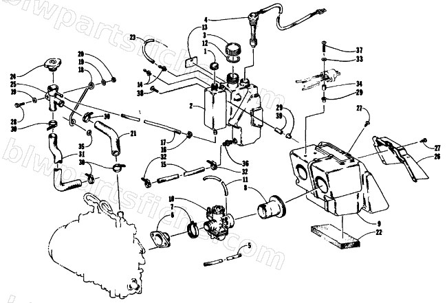 OIL/WATER TANK, CARBURETOR, AND SILENCER ASSEMBLIES diagram