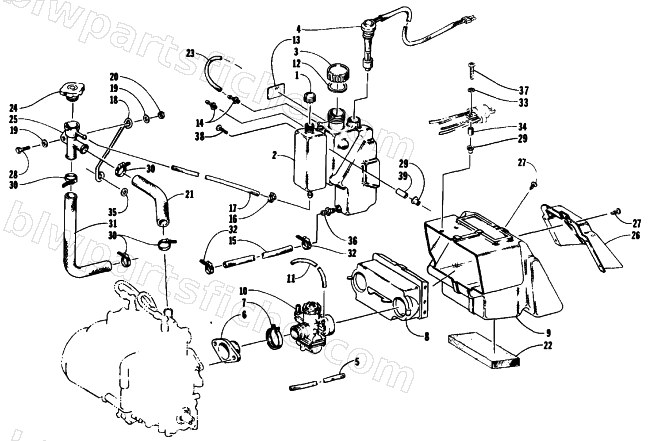 OIL/WATER TANK, CARBURETOR, AND SILENCER ASSEMBLIES diagram