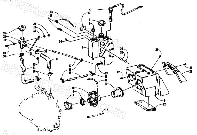 OIL/WATER TANK, CARBURETOR, AND SILENCER ASSEMBLIES diagram
