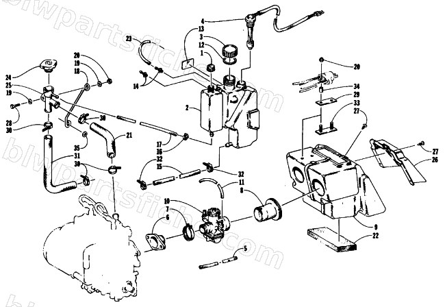 OIL/WATER TANK, CARBURETOR, AND SILENCER ASSEMBLIES diagram