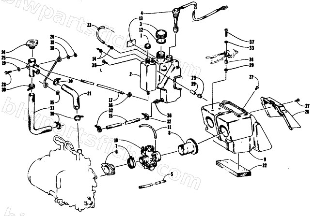 OIL/WATER TANK, CARBURETOR, AND SILENCER ASSEMBLIES diagram