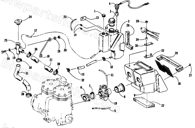 OIL/WATER TANK, CARBURETOR, AND SILENCER ASSEMBLIES diagram