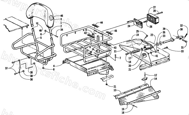 RACK, BACKREST, HITCH, AND TAILLIGHT ASSEMBLIES diagram