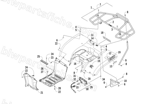 REAR BODY, RACK, AND TAILLIGHT ASSEMBLY diagram