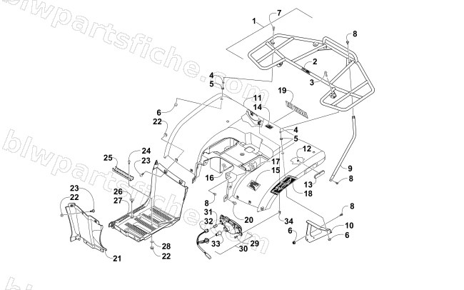 REAR BODY, RACK, AND TAILLIGHT ASSEMBLY diagram