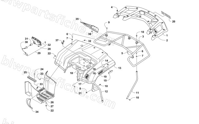 REAR BODY, RACK, AND TAILLIGHT ASSEMBLY diagram