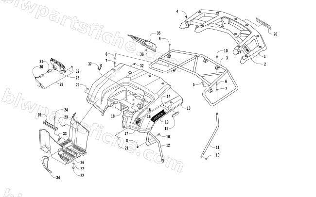 REAR BODY, RACK, AND TAILLIGHT ASSEMBLY diagram