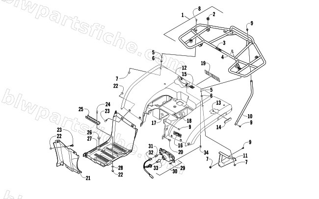 REAR BODY, RACK, AND TAILLIGHT ASSEMBLY diagram