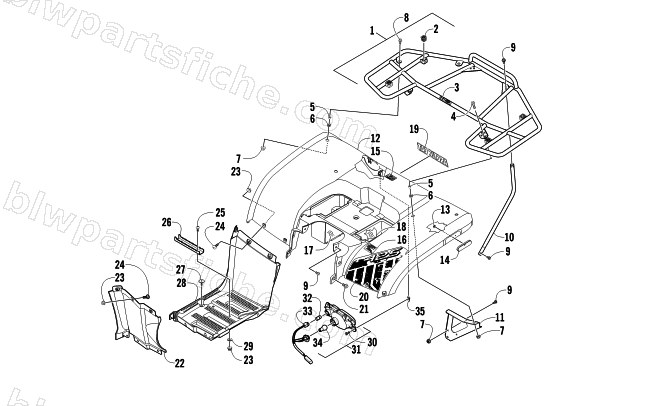 REAR BODY, RACK, AND TAILLIGHT ASSEMBLY diagram