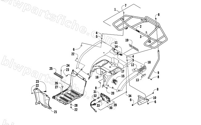 REAR BODY, RACK, AND TAILLIGHT ASSEMBLY diagram