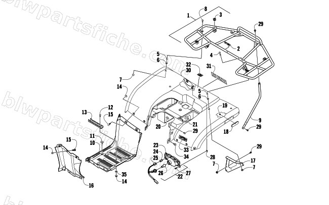 REAR BODY, RACK, AND TAILLIGHT ASSEMBLY diagram