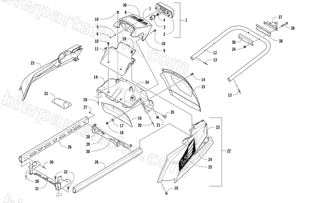 REAR BUMPER, HITCH, RACK RAIL, SNOWFLAP, AND TAILLIGHT ASSEMBLY diagram