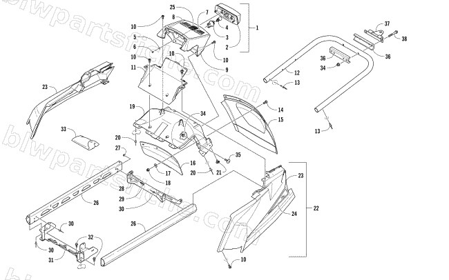 REAR BUMPER, HITCH, RACK RAIL, SNOWFLAP, AND TAILLIGHT ASSEMBLY diagram