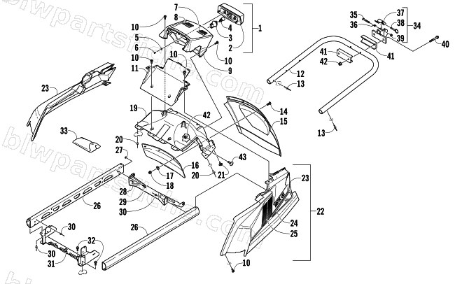 REAR BUMPER, HITCH, RACK RAIL, SNOWFLAP, AND TAILLIGHT ASSEMBLY diagram