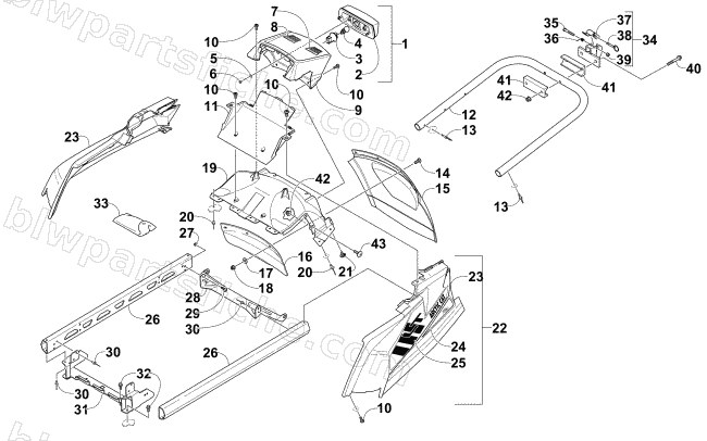 REAR BUMPER, HITCH, RACK RAIL, SNOWFLAP, AND TAILLIGHT ASSEMBLY (OS) diagram