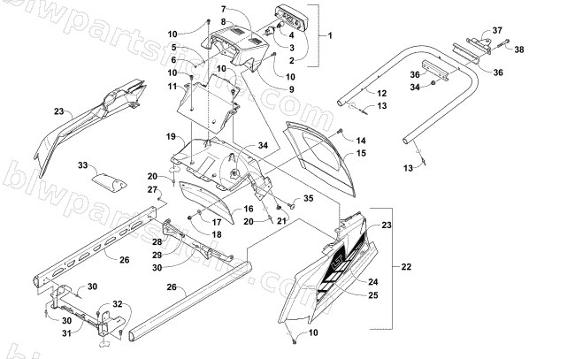 REAR BUMPER, HITCH, RACK RAIL, SNOWFLAP, AND TAILLIGHT ASSEMBLY US diagram