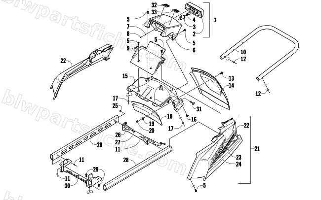 REAR BUMPER, RACK RAIL, SNOWFLAP, AND TAILLIGHT ASSEMBLY diagram