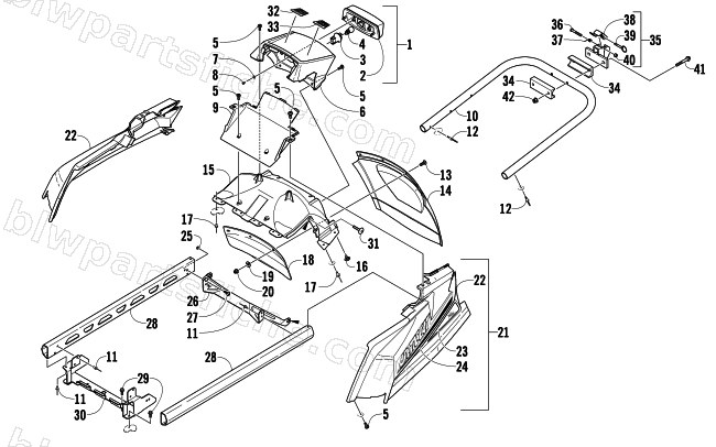 REAR BUMPER, RACK RAIL, SNOWFLAP, AND TAILLIGHT ASSEMBLY diagram