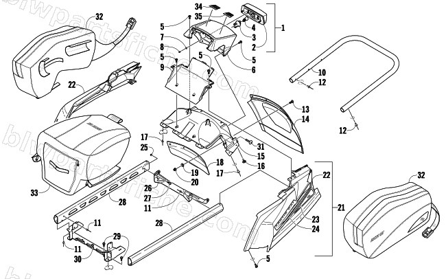 REAR BUMPER, RACK RAIL, SNOWFLAP, AND TAILLIGHT ASSEMBLY diagram