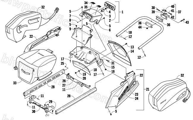 REAR BUMPER, RACK RAIL, SNOWFLAP, AND TAILLIGHT ASSEMBLY diagram