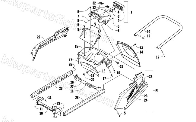 REAR BUMPER, RACK RAIL, SNOWFLAP, AND TAILLIGHT ASSEMBLY diagram