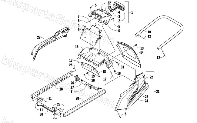 REAR BUMPER, RACK RAIL, SNOWFLAP, AND TAILLIGHT ASSEMBLY diagram
