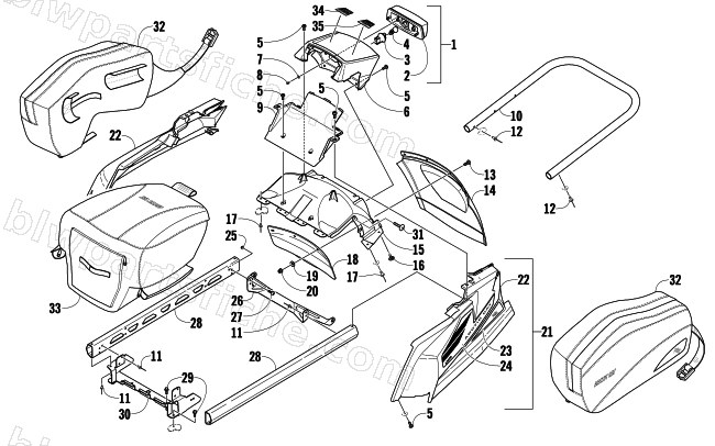 REAR BUMPER, RACK RAIL, SNOWFLAP, AND TAILLIGHT ASSEMBLY diagram