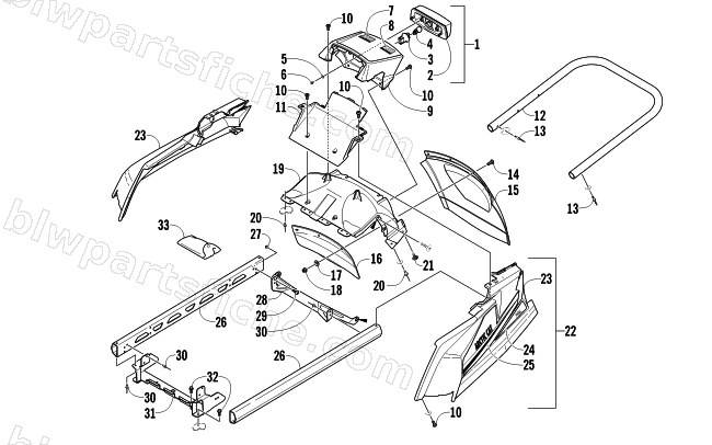 REAR BUMPER, RACK RAIL, SNOWFLAP, AND TAILLIGHT ASSEMBLY diagram
