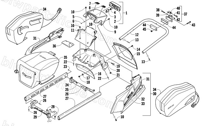 REAR BUMPER, RACK RAIL, SNOWFLAP, AND TAILLIGHT ASSEMBLY diagram