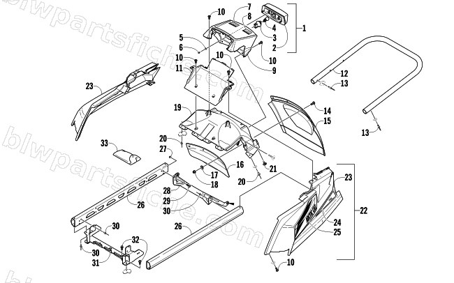REAR BUMPER, RACK RAIL, SNOWFLAP, AND TAILLIGHT ASSEMBLY diagram