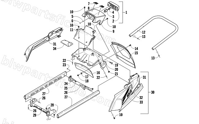 REAR BUMPER, RACK RAIL, SNOWFLAP, AND TAILLIGHT ASSEMBLY diagram