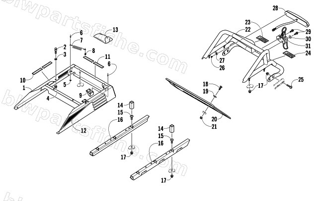 REAR BUMPER, RACK RAIL, SNOWFLAP, AND TAILLIGHT ASSEMBLY diagram