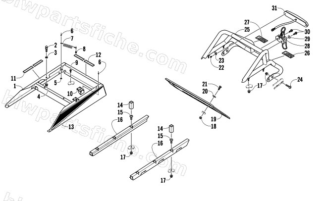 REAR BUMPER, RACK RAIL, SNOWFLAP, AND TAILLIGHT ASSEMBLY diagram