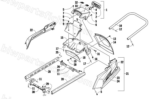 REAR BUMPER, RACK RAIL, SNOWFLAP, AND TAILLIGHT ASSEMBLY diagram