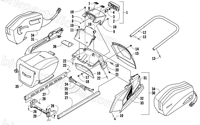 REAR BUMPER, RACK RAIL, SNOWFLAP, AND TAILLIGHT ASSEMBLY diagram