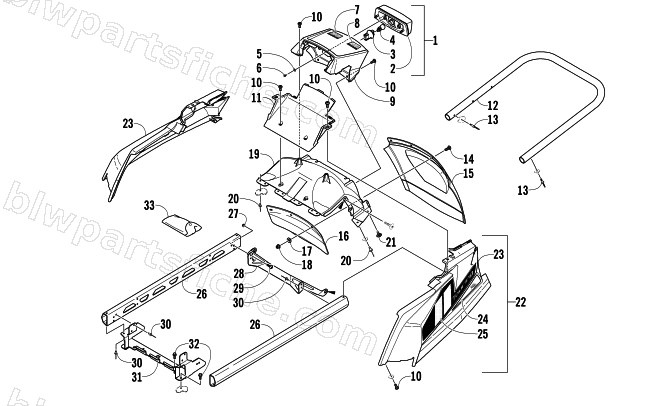 REAR BUMPER, RACK RAIL, SNOWFLAP, AND TAILLIGHT ASSEMBLY diagram