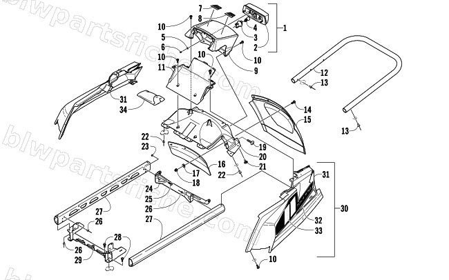 REAR BUMPER, RACK RAIL, SNOWFLAP, AND TAILLIGHT ASSEMBLY diagram