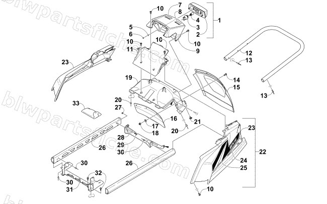 REAR BUMPER, RACK RAIL, SNOWFLAP, AND TAILLIGHT ASSEMBLY diagram