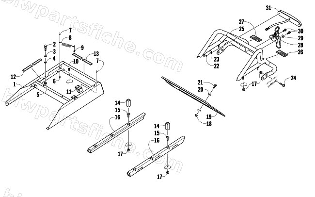 REAR BUMPER, RACK RAIL, SNOWFLAP, AND TAILLIGHT ASSEMBLY diagram