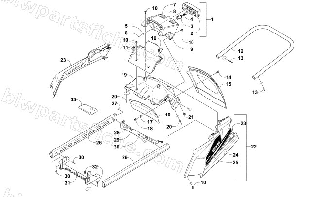 REAR BUMPER, RACK RAIL, SNOWFLAP, AND TAILLIGHT ASSEMBLY diagram