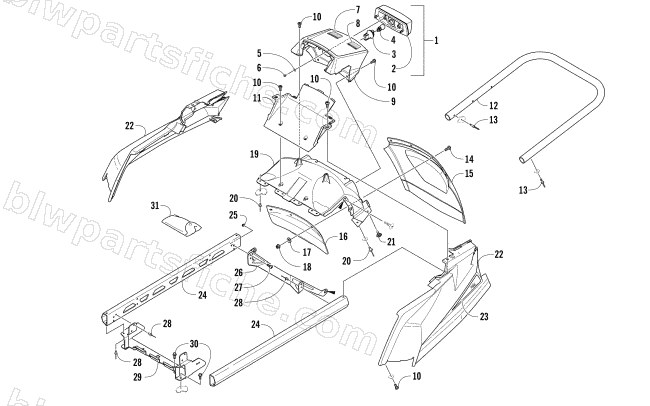 REAR BUMPER, RACK RAIL, SNOWFLAP, AND TAILLIGHT ASSEMBLY diagram