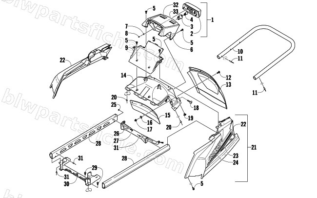 REAR BUMPER, RACK RAIL, SNOWFLAP, AND TAILLIGHT ASSEMBLY diagram