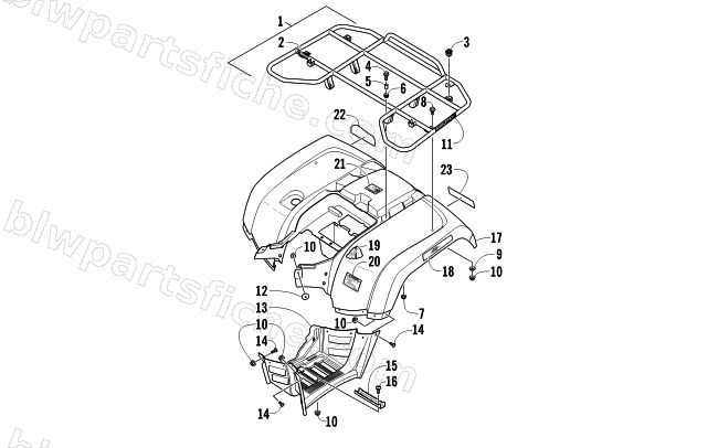 REAR RACK, BODY PANEL, AND FOOTWELL ASSEMBLIES diagram