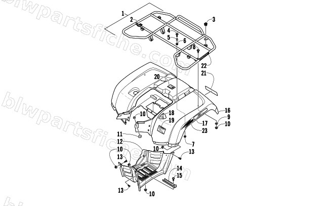 REAR RACK, BODY PANEL, AND FOOTWELL ASSEMBLIES diagram