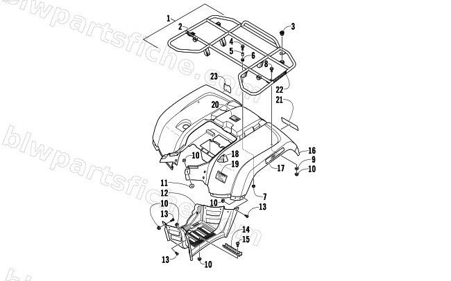 REAR RACK, BODY PANEL, AND FOOTWELL ASSEMBLIES diagram