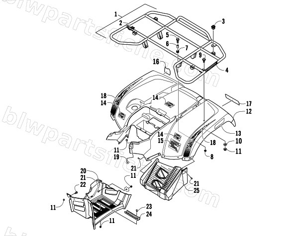 REAR RACK, BODY PANEL, AND FOOTWELL ASSEMBLIES diagram