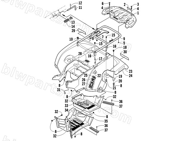 REAR RACK, BODY PANEL, AND FOOTWELL ASSEMBLIES diagram