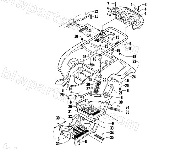 REAR RACK, BODY PANEL, AND FOOTWELL ASSEMBLIES diagram