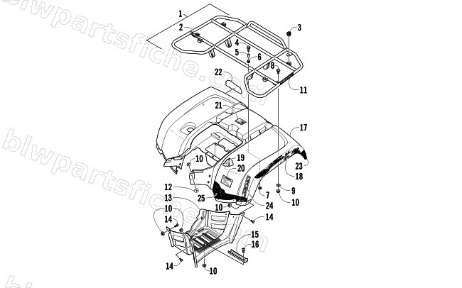 REAR RACK, BODY PANEL, AND FOOTWELL ASSEMBLIES diagram